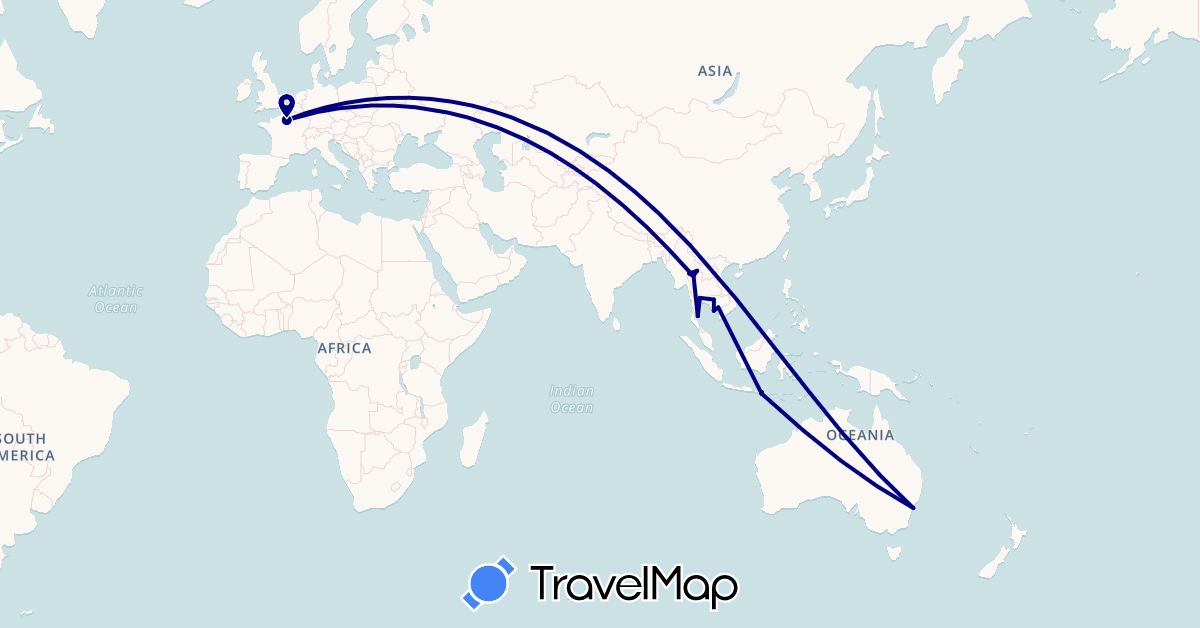 TravelMap itinerary: driving in Australia, France, Indonesia, Cambodia, Thailand (Asia, Europe, Oceania)